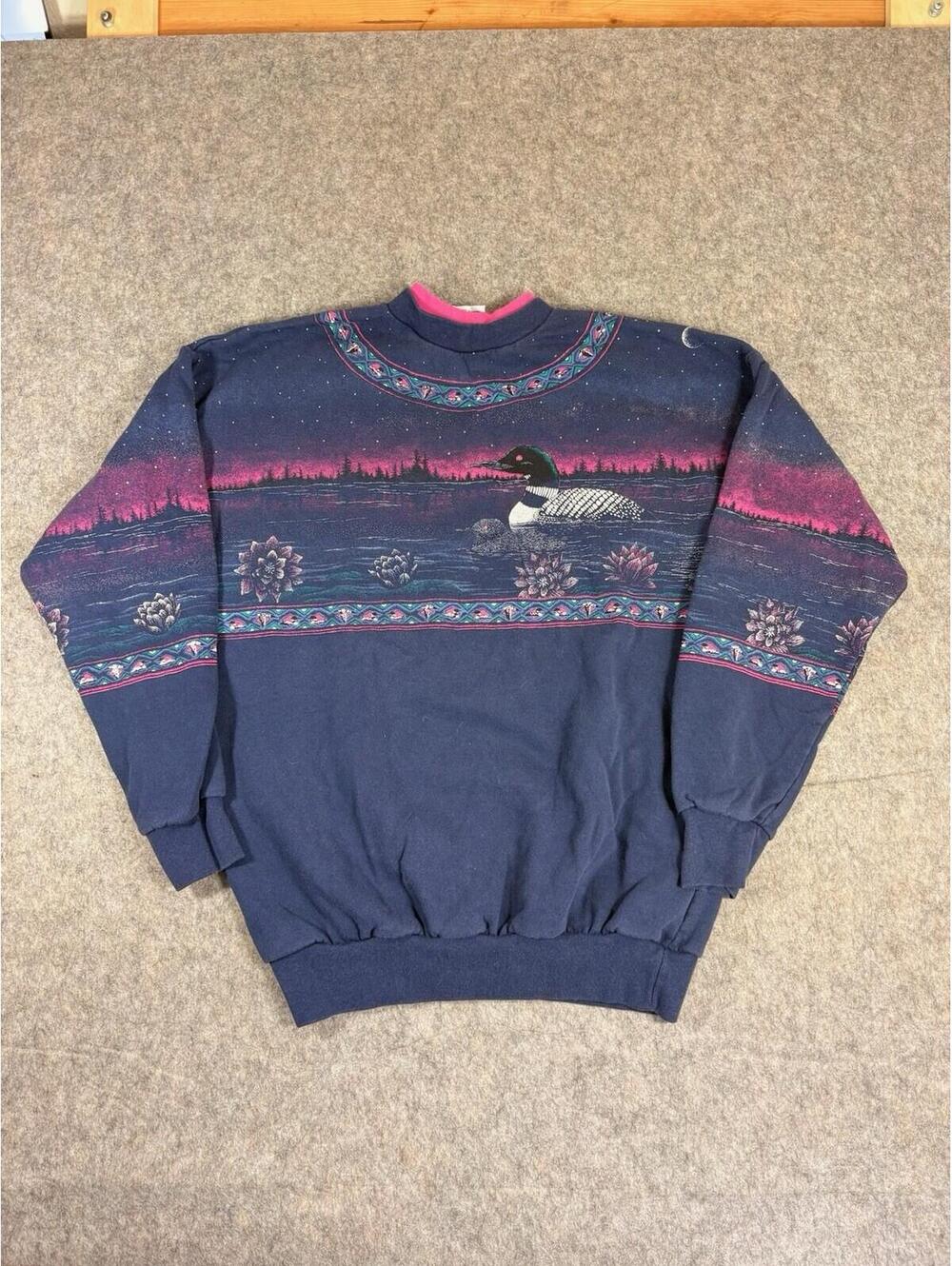VTG 90’s Artisans Sunschein Designs Purple Sweatshirt Loons on Lake Size L/XL